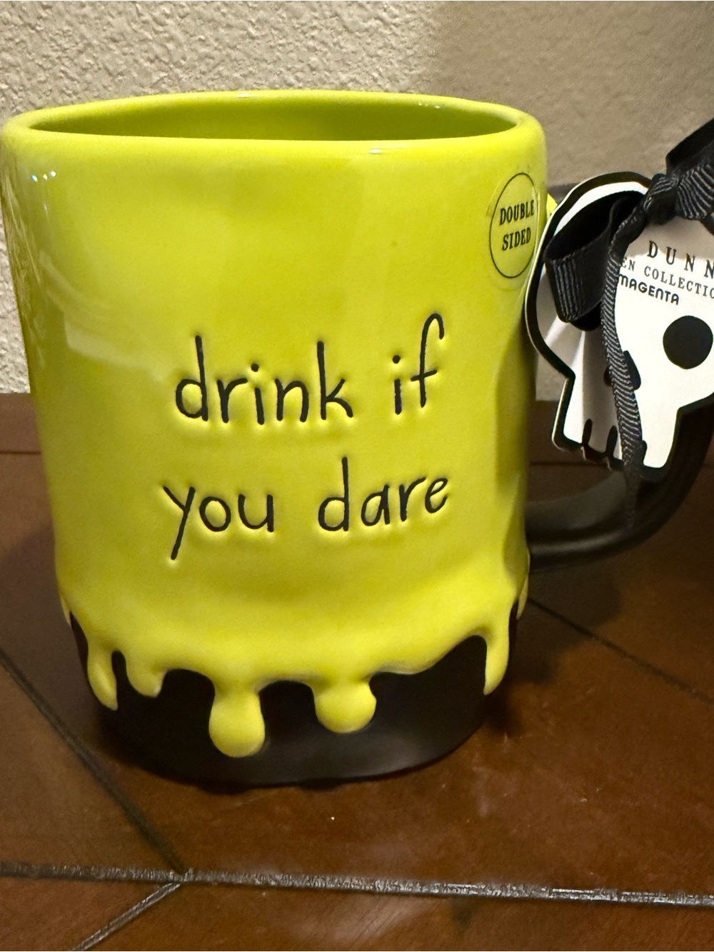 Rae Dunn 'Drink If You Dare' Green & Black Double-sided Ceramic Mug NWT